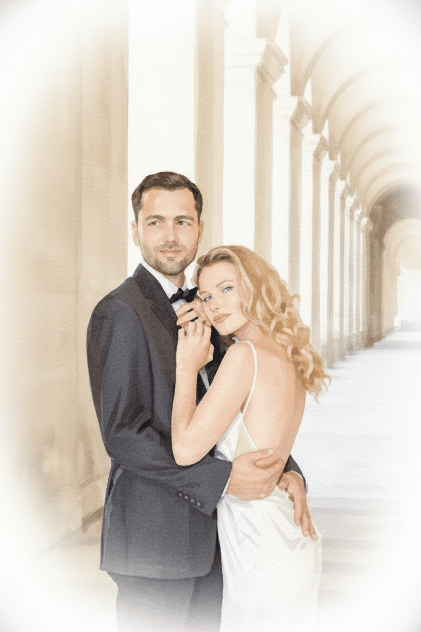 Watercolor wedding canvas — couple painted in soft watercolor on real canvas